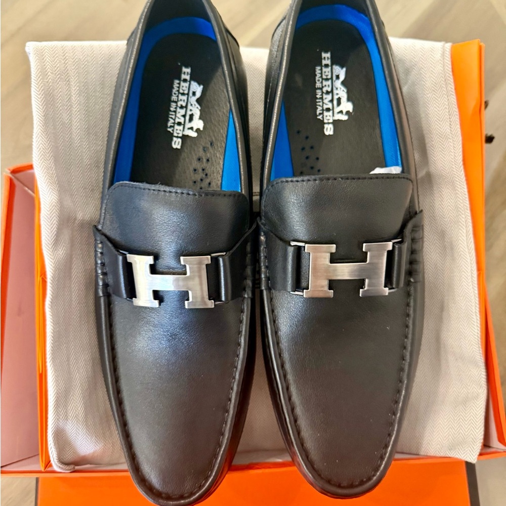 Hermes Black Leather Loafers with Silver Accent